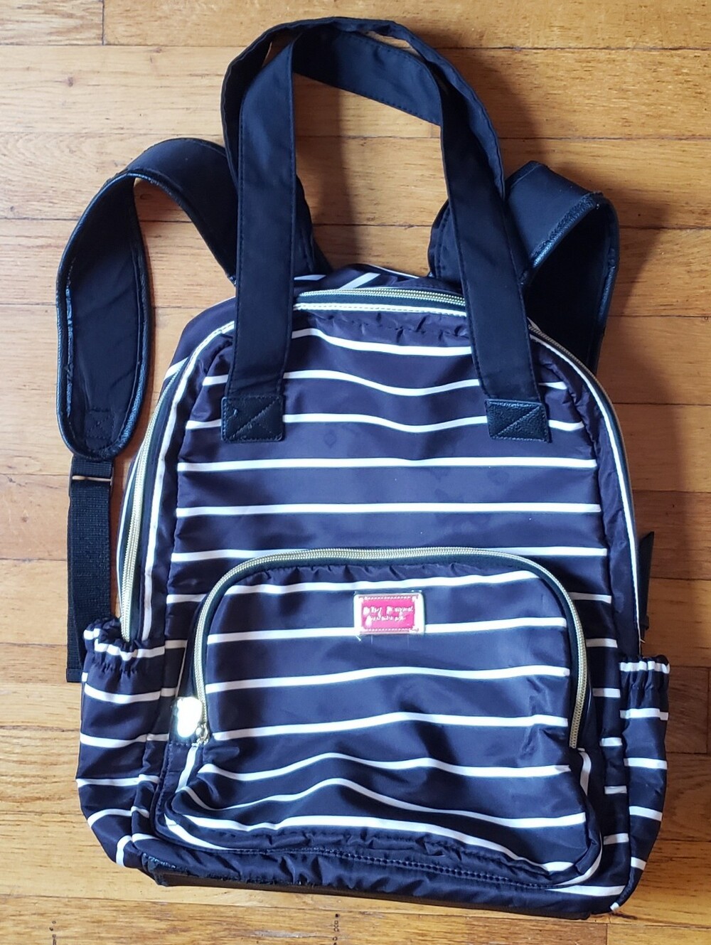 Betsey Johnson New York Striped Backpack Gold Black Diaper Bag NEW never used
